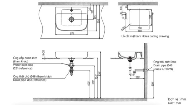 Bản vẽ kỹ thuật Chậu rửa lavabo đặt bàn INAX AL-632VFC