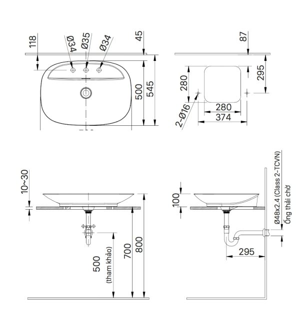 Bản vẽ kỹ thuật Chậu rửa lavabo đặt bàn INAX AL-S640VGC