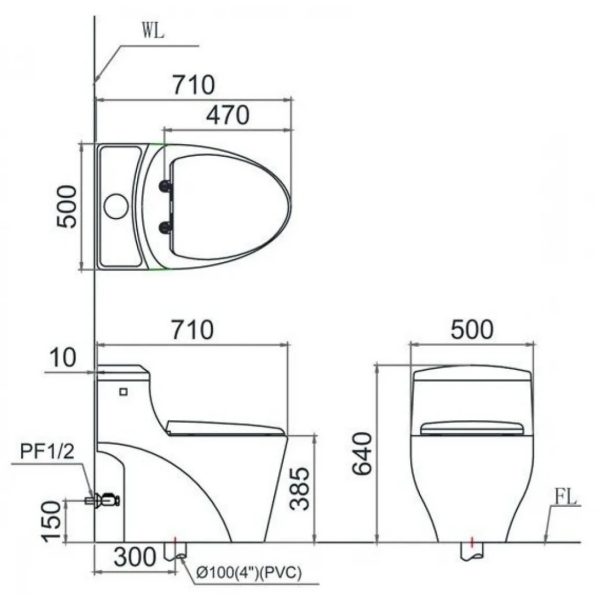 Bản vẽ Bồn cầu 1 khối nắp điện tử Caesar C1353F/TAF610H