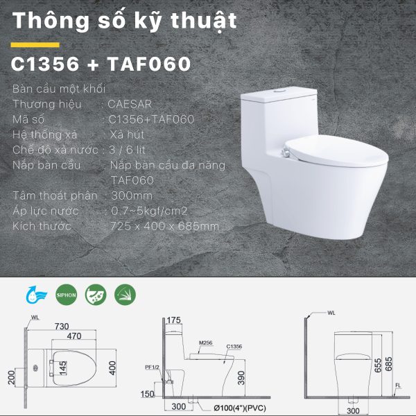 Bồn cầu 1 khối nắp rửa cơ C1356F/TAF060