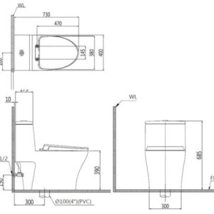 Bản vẽ kỹ thuật Bồn cầu 1 khối nắp điện tử Caesar C1356F/TAF512H