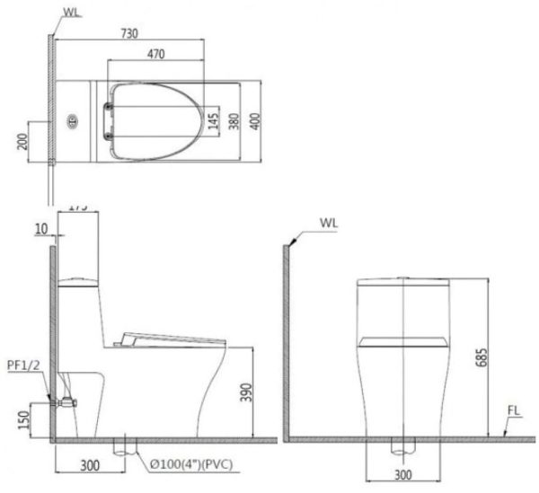 Bản vẽ kỹ thuật Bồn cầu 1 khối nắp điện tử Caesar C1356F/TAF512H
