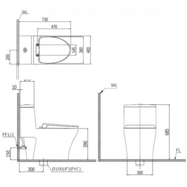 Bản vẽ Bồn cầu 1 khối nắp điện tử Caesar C1356F/TAF610H