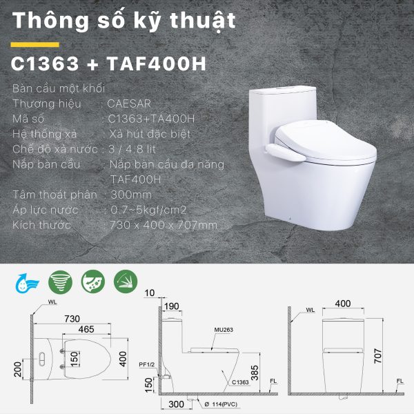 Bồn cầu 1 khối nắp điện tử Caesar C1363F/TAF400H