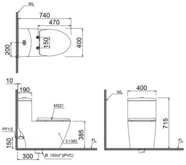 Bản vẽ kỹ thuật Bồn cầu 1 khối nắp điện tử Caesar C1363F/TAF512H