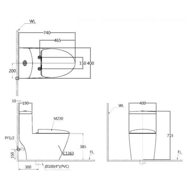 Bản vẽ Bồn cầu 1 khối nắp điện tử Caesar C1363F/TAF610H