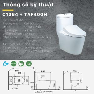 Bồn cầu 1 khối nắp điện tử Caesar C1364F/TAF400H