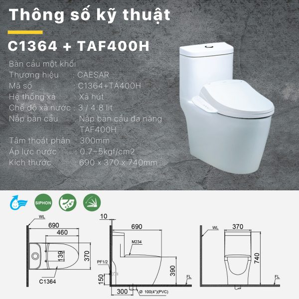 Bồn cầu 1 khối nắp điện tử Caesar C1364F/TAF400H