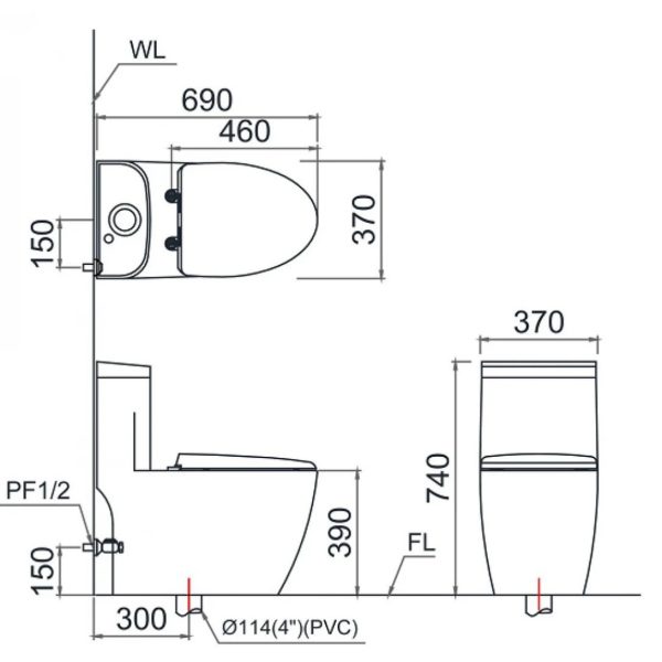 Bản vẽ Bồn cầu 1 khối nắp điện tử Caesar C1364F/TAF610H