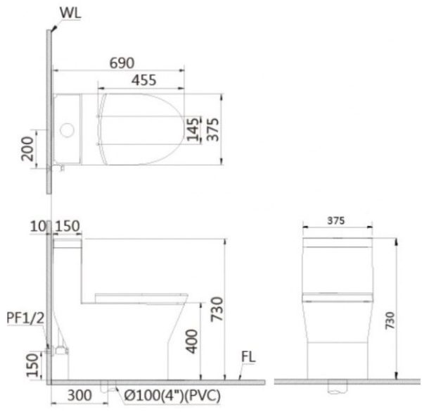 Bản vẽ Bồn cầu 1 khối nắp điện tử Caesar C1374F/TAF400H