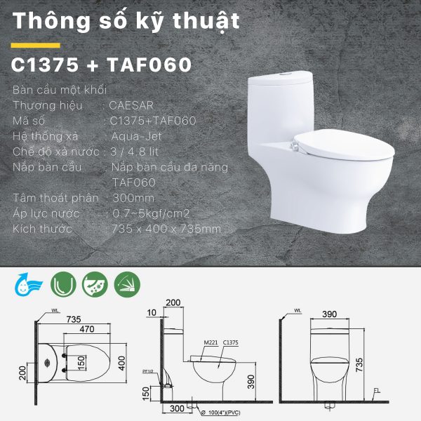 Bồn cầu 1 khối nắp rửa cơ C1375F/TAF060