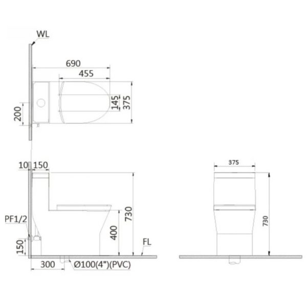 Bản vẽ Bồn cầu 1 khối nắp điện tử Caesar C1375F/TAF512H