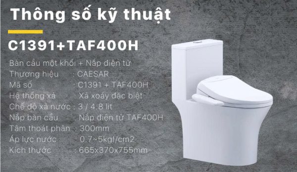 Bồn cầu 1 khối nắp điện tử Caesar C1391F/TAF400H