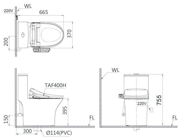 Bản vẽ Bồn cầu 1 khối nắp điện tử Caesar C1391F/TAF400H