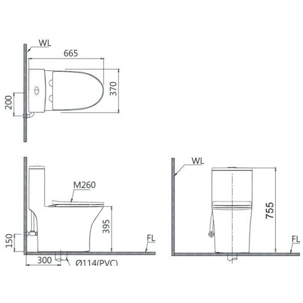 Bản vẽ kỹ thuật Bồn cầu 1 khối nắp điện tử Caesar C1391F/TAF512H