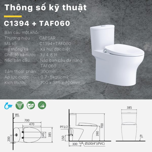Bồn cầu 1 khối nắp rửa cơ C1394F/TAF060