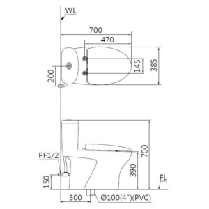 Bản vẽ Bồn cầu 1 khối nắp điện tử Caesar C1394F/TAF512H