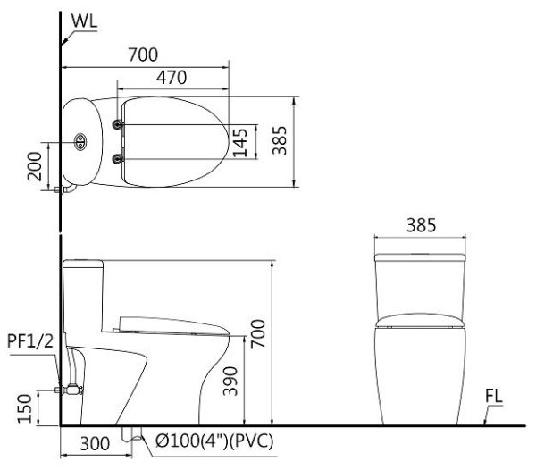 Bản vẽ Bồn cầu 1 khối nắp điện tử Caesar C1394F/TAF610H