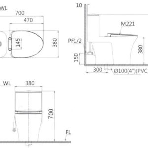 Bản vẽ Bồn cầu 1 khối nắp điện tử Caesar C1395F/TAF512H