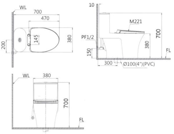 Bản vẽ Bồn cầu 1 khối nắp điện tử Caesar C1395F/TAF512H