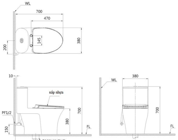 Bản vẽ Bồn cầu 1 khối nắp điện tử Caesar C1395F/TAF610H