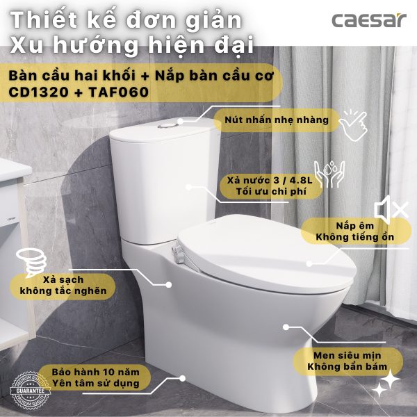 Bồn cầu 2 khối nắp cơ Caesar CD1320/TAF060
