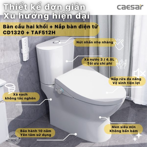 Bồn cầu 2 khối nắp điện tử Caesar CD1320/TAF512H