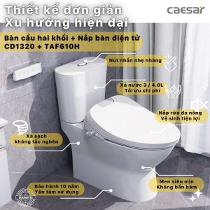 Bồn cầu 2 khối nắp điện tử Caesar CD1320/TAF610H