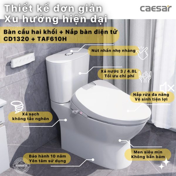 Bồn cầu 2 khối nắp điện tử Caesar CD1320/TAF610H