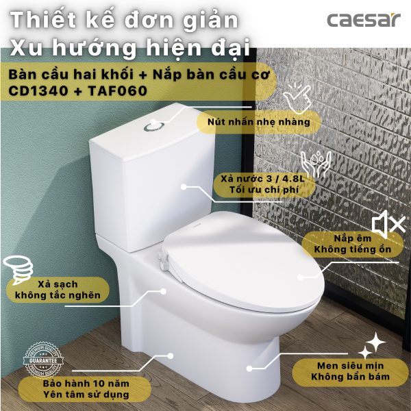 Bồn cầu 2 khối nắp cơ Caesar CD1340/TAF060