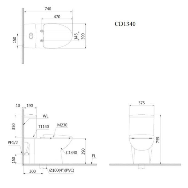 Bồn cầu 2 khối nắp điện tử Caesar CD1340/TAF610H