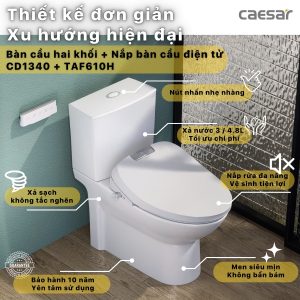 Bồn cầu 2 khối nắp điện tử Caesar CD1340/TAF610H