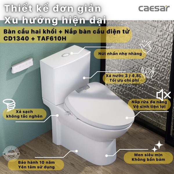 Bồn cầu 2 khối nắp điện tử Caesar CD1340/TAF610H