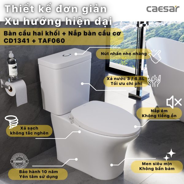 Bồn cầu 2 khối Caesar nắp cơ CD1341/TAF060