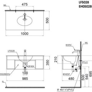 Bản vẽ kỹ thuật Tủ lavabo Caesar EH05028DDV