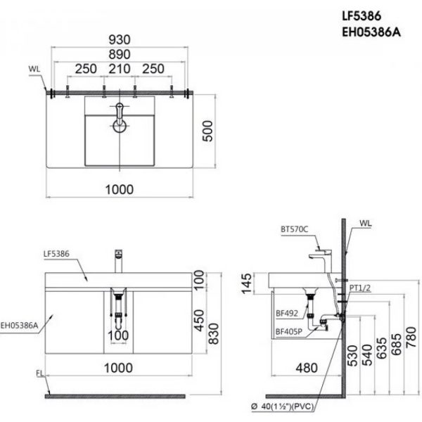 Bản vẽ kỹ thuật Tủ lavabo Caesar EH05386AV