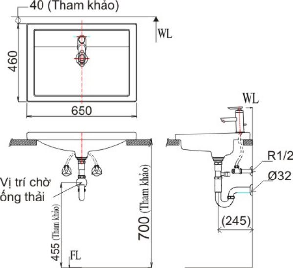 Bản vẽ kỹ thuật Chậu rửa lavabo đặt bàn INAX L-2397VEC
