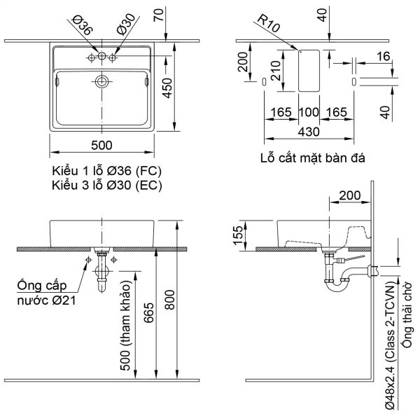 Bản vẽ kỹ thuật Chậu rửa lavabo đặt bàn INAX L-293VEC