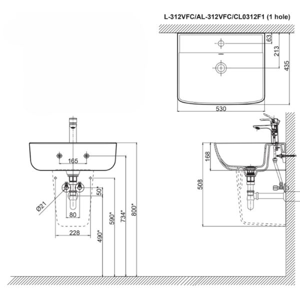 Chậu lavabo Inax L-312VFC treo tường