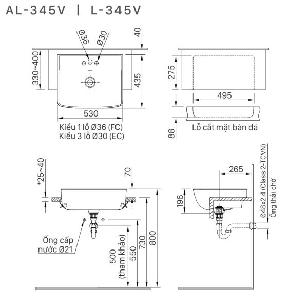 Bản vẽ kỹ thuật Chậu rửa lavabo đặt bàn INAX L-345VEC