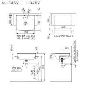 Bản vẽ kỹ thuật Chậu rửa lavabo đặt bàn INAX L-345VFC