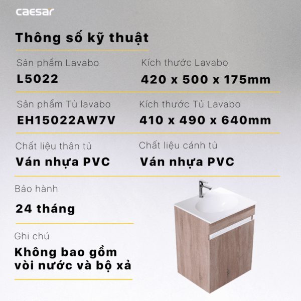 Thông số kỹ thuật Bộ tủ lavabo Caesar L5022/EH15022AW7V