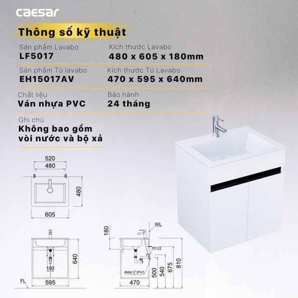 Thông số kỹ thuật Bộ tủ lavabo Caesar LF5017/EH15017AV