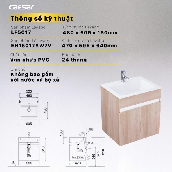 Thông số kỹ thuật Bộ tủ lavabo Caesar LF5017/EH15017AW7V