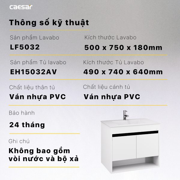 Thông số kỹ thuật Bộ tủ lavabo Caesar LF5032/EH15032AV