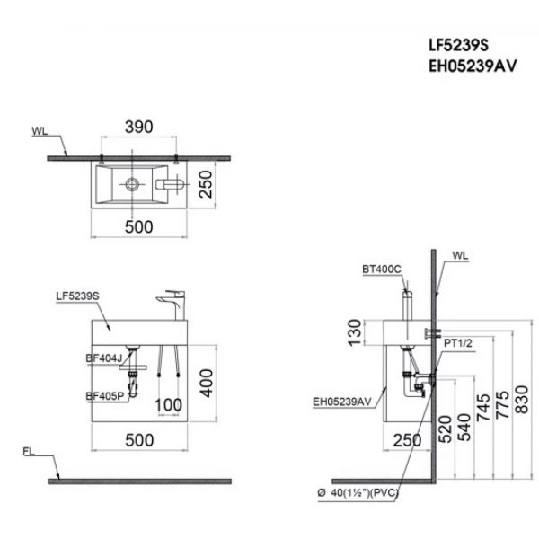 Bản vẽ kỹ thuật Bộ tủ lavabo Caesar LF5239S/EH05239AV
