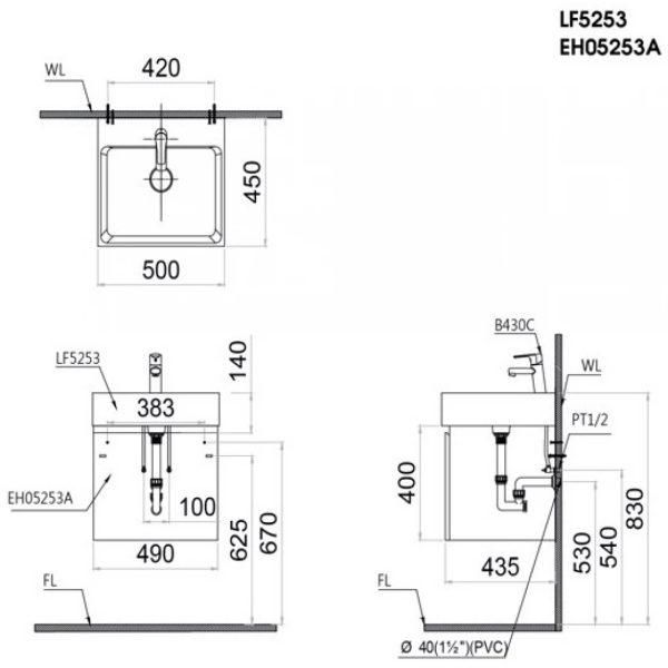 Bản vẽ kỹ thuật Bộ tủ lavabo Caesar LF5253/EH05253AV