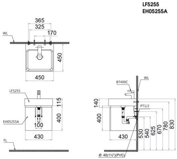 Bản vẽ kỹ thuật Bộ tủ lavabo Caesar LF5255/EH05255ATGV
