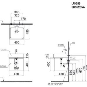 Bản vẽ kỹ thuật Bộ tủ lavabo Caesar LF5255/EH05255AV