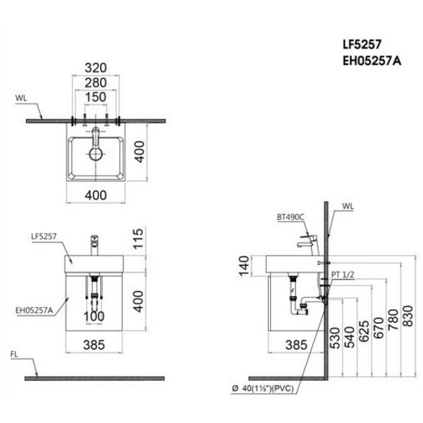 Bản vẽ kỹ thuật Bộ tủ lavabo Caesar LF5257+EH05257ADV